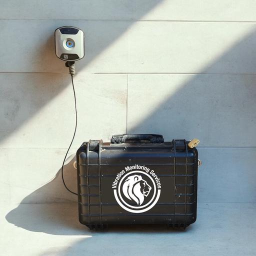 A vibration sensor mounted to a concret wall and the black case under the sensor which stores the battery pack running the vibration sensor